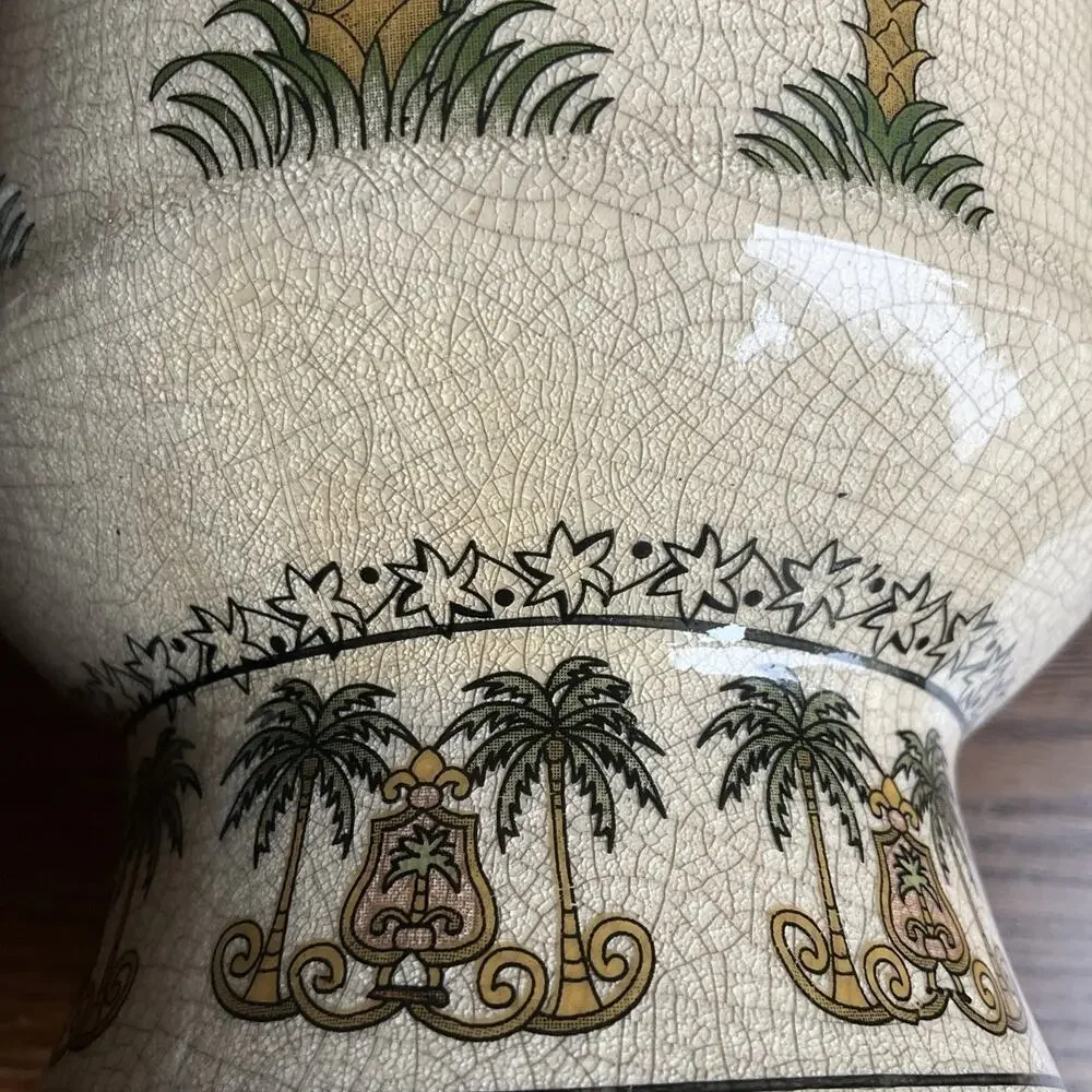 Vintage 2001 Ceramic crackle glaze Vase with Palm Trees 14- 1/2